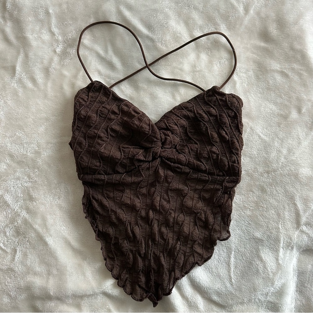 xs brown open back lace up top